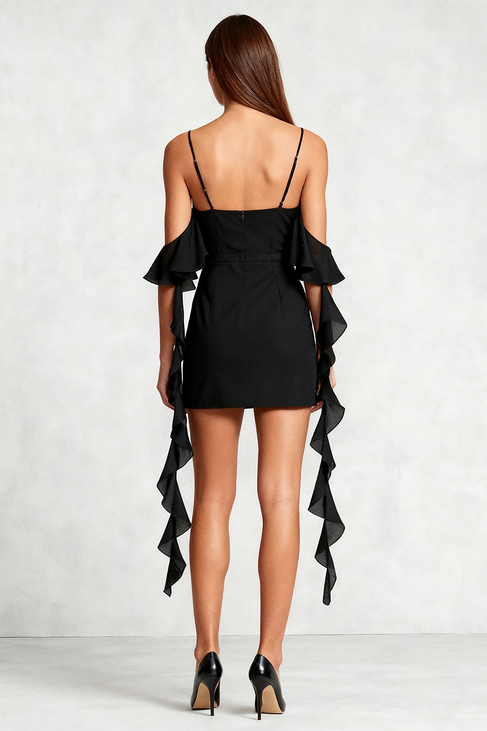 Black Cold Shoulder Bodycon Short Cocktail Dress with Ruffles