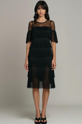 Black Fringed Tiered Round Neck Short Cocktail Dress