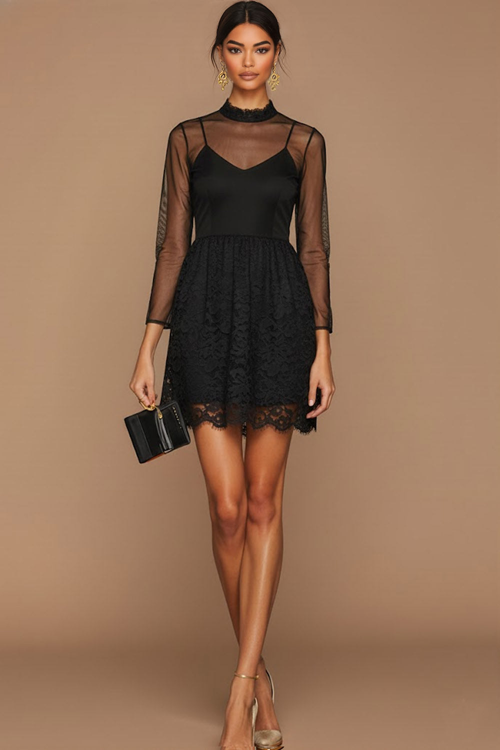 Black High Neck Lace Short Cocktail Dress with Sleeves